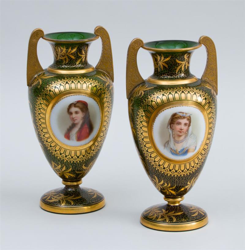 Appraisal: PAIR OF CONTINENTAL GILT-DECORATED GREEN GLASS MANTLE VASES Indistinctively signed