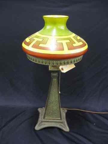 Appraisal: Antique Lamp handpainted ''Greek Key'' shade on bronzed base ''