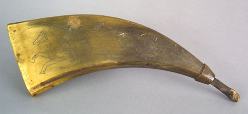 Appraisal: Carved powder horn dated decorated with a mounted soldier l