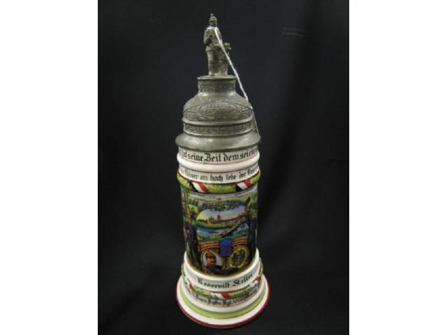 Appraisal: German Regimental Lithopane Porcelain Stein th company Reservist figural pewter