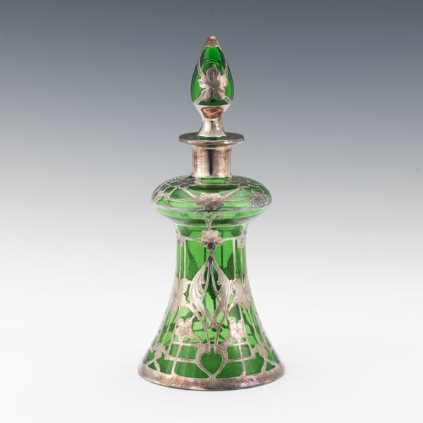 Appraisal: GREEN GLASS DECANTER WITH STERLING OVERLAY x Green glass decanter