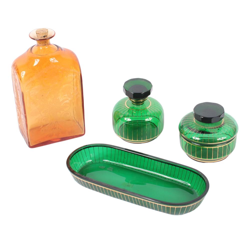 Appraisal: DECO GREEN GLASS MOSER AUSTRIAN GILT VANITY SET AND YARDLEY