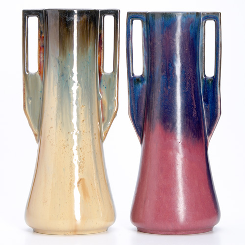 Appraisal: FULPER Two Vasekraft vases with buttressed handles one in Cat's