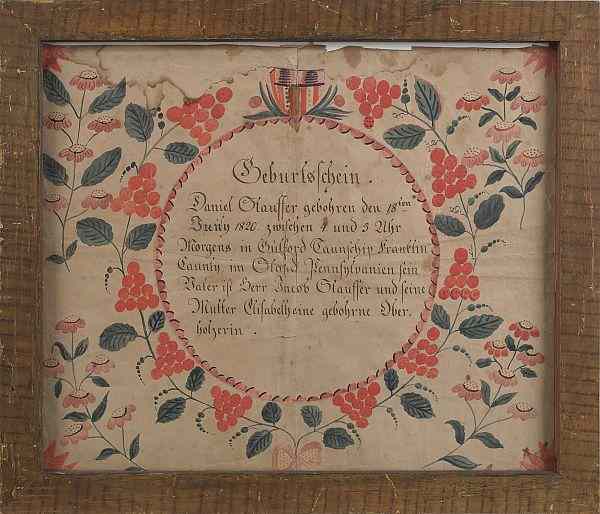 Appraisal: Franklin County Pennsylvania ink and watercolor fraktur birth certificate for