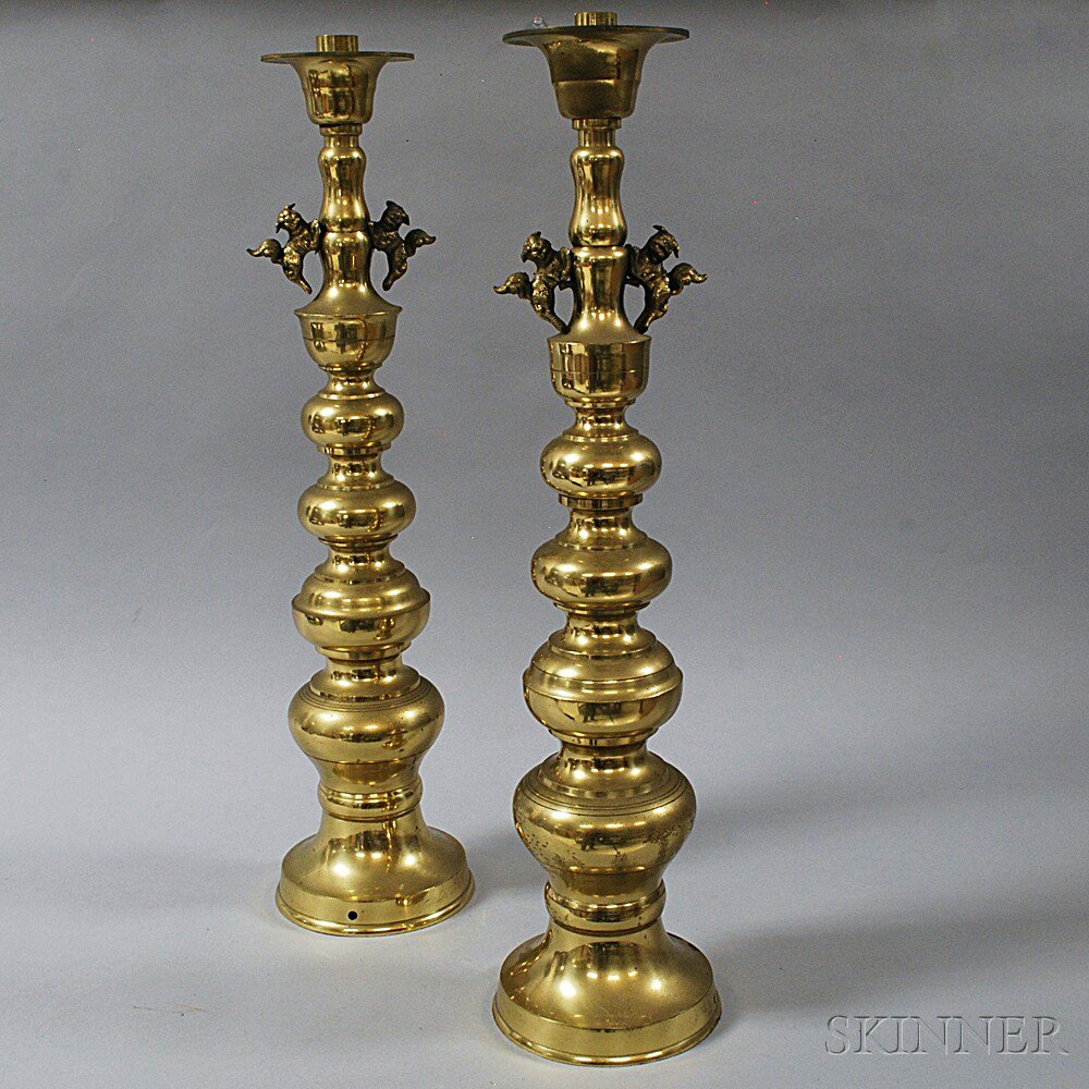 Appraisal: Near Pair of Brass Altar Sticks and Four Cast Brass