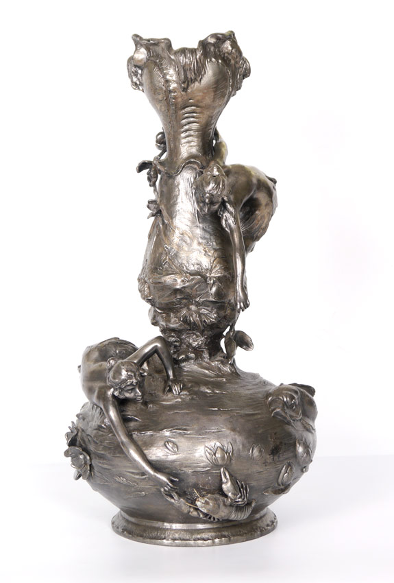 Appraisal: MONUMENTAL ART NOUVEAU SILVERED METAL MERMAID VASE Unmarked profusely decorated