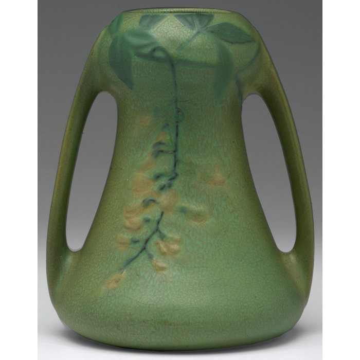 Appraisal: Weller Matt vase double-handled shape covered in a green matt