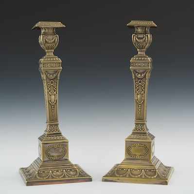 Appraisal: A Pair of Polish Sabbath Candlesticks The squared architectonic candlesticks