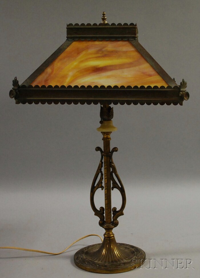 Appraisal: Pyramidal Caramel Slag Glass Panel and Brass Table Lamp with