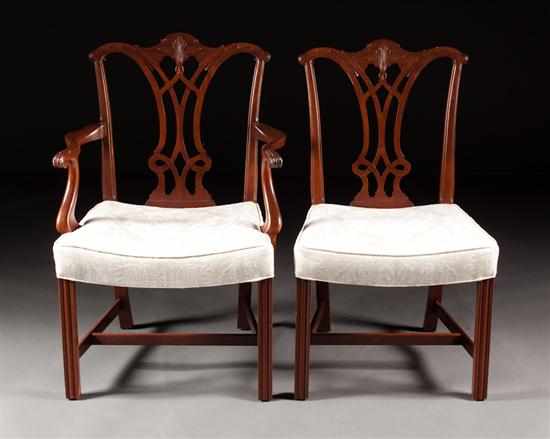 Appraisal: Set of eight Chippendale style carved mahogany upholstered dining chairs