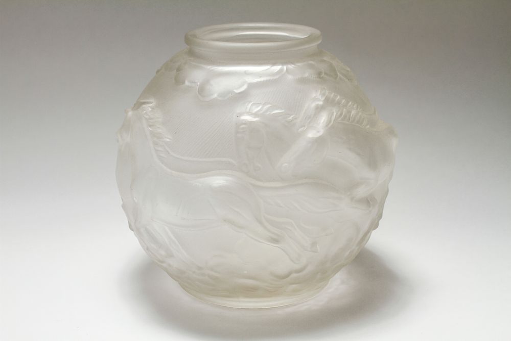 Appraisal: R Lalique France Horses Frosted Glass Vase R Lalique France