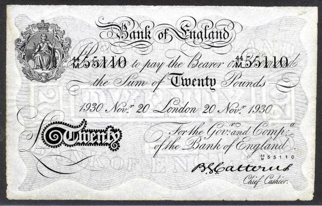 Appraisal: BANK OF ENGLAND B G CATTERNS WHITE TWENTY POUNDS NOVEMBER