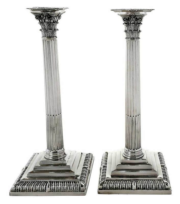 Appraisal: Pair George III English Silver Candlesticks London openwork Corinthian capitals