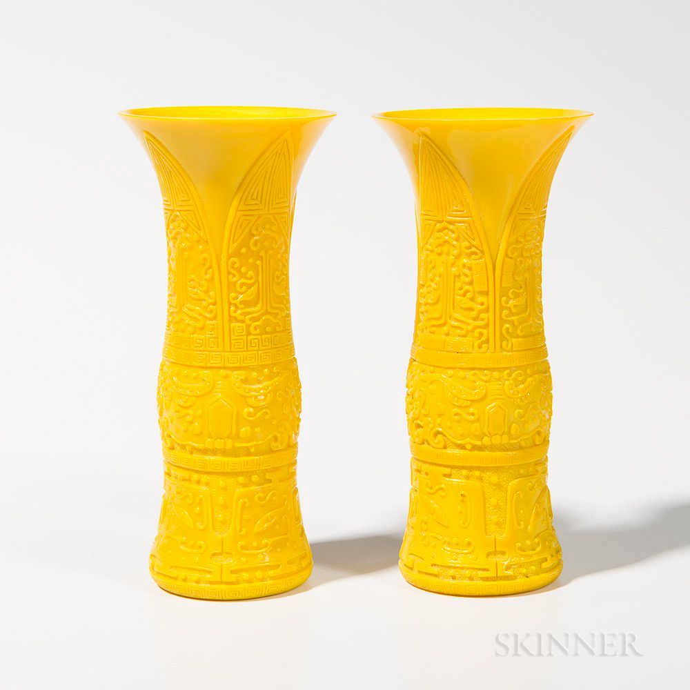 Appraisal: Pair of Yellow Peking Glass Vases Pair of Yellow Peking