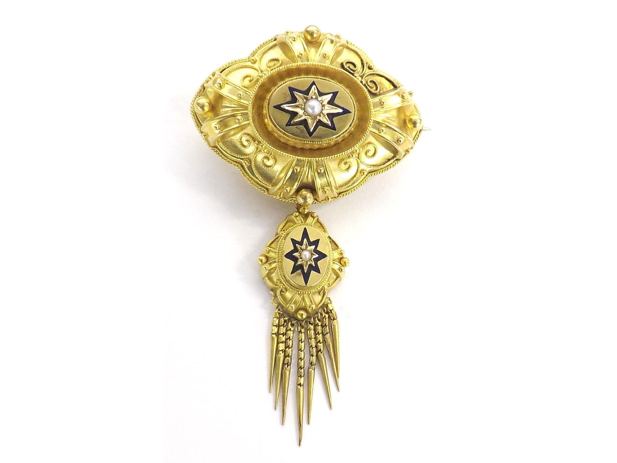 Appraisal: Victorian gold and enamel oval pendant brooch set with seed