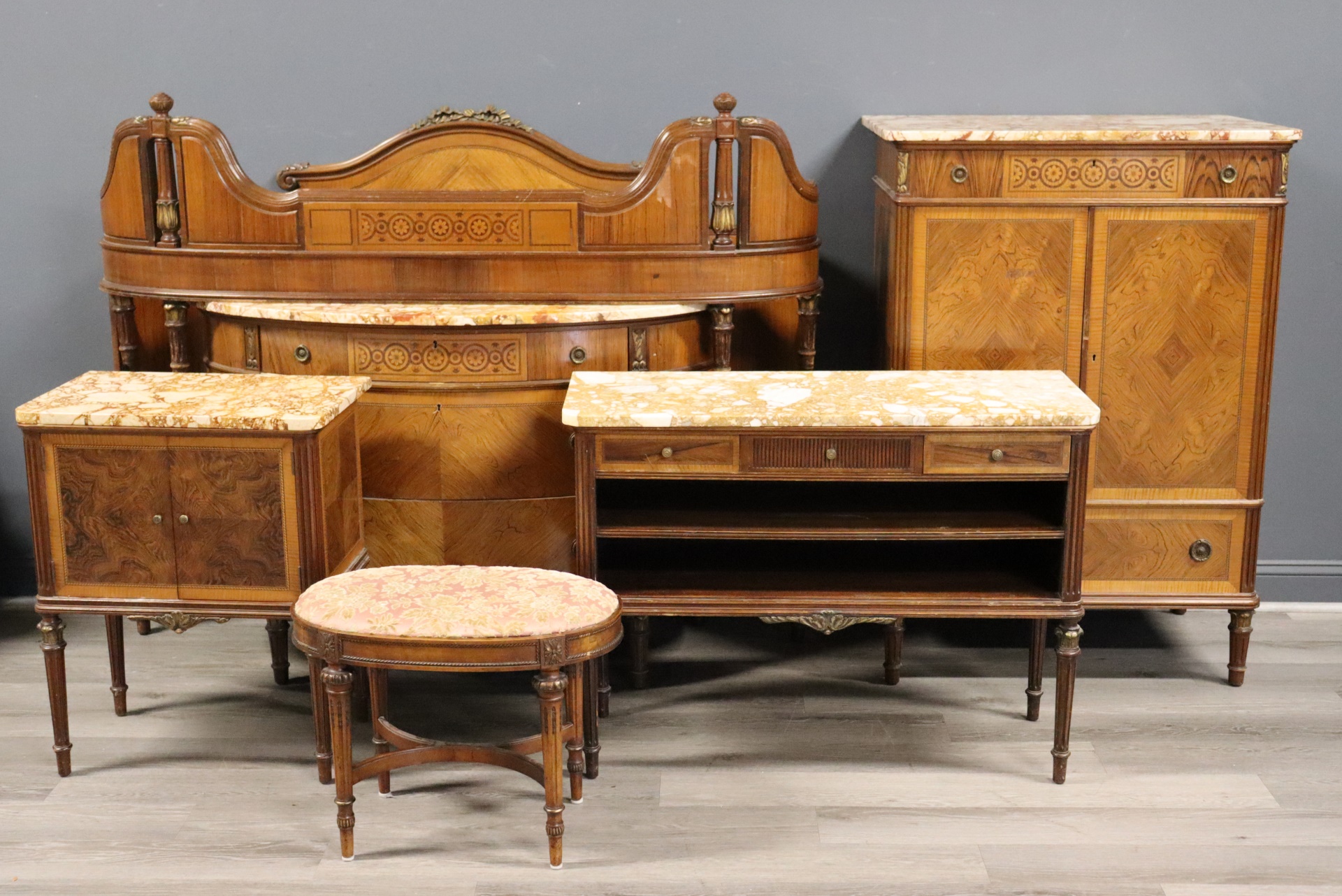 Appraisal: ANTIQUE SATINWOOD MARBLETOP INLAID BEDROOM SET To include a demilune