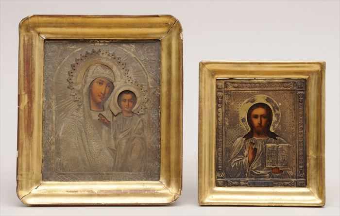 Appraisal: TWO RUSSIAN ICONS WITH BRASS OKLADS The larger of the