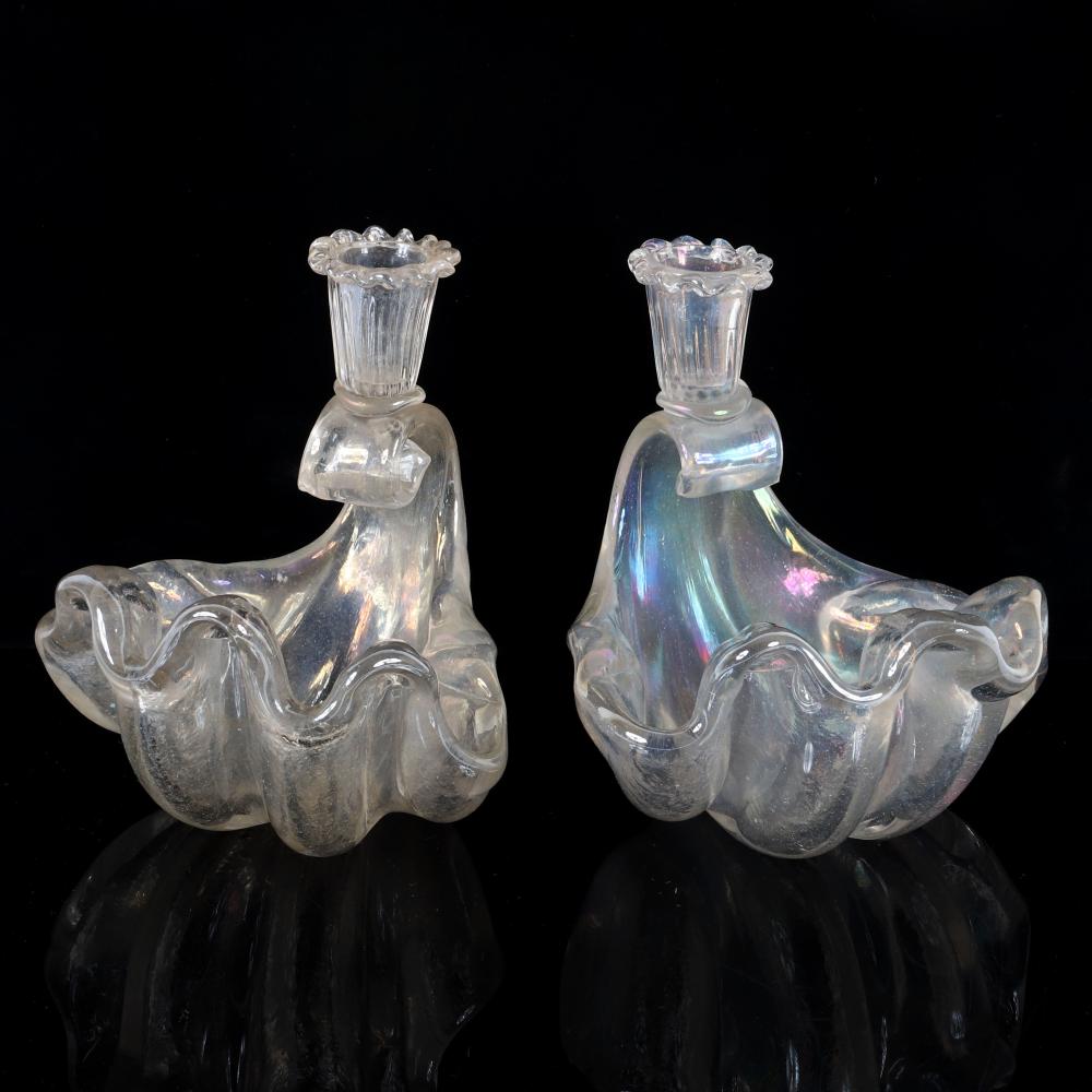 Appraisal: BAROVIER PAIR IRIDATO SHELL FORM MURANO ART GLASS CANDLE HOLDER