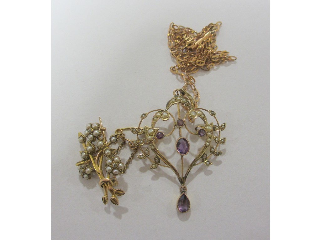 Appraisal: Lot comprising ct gold amethyst and seed pearl set pendant