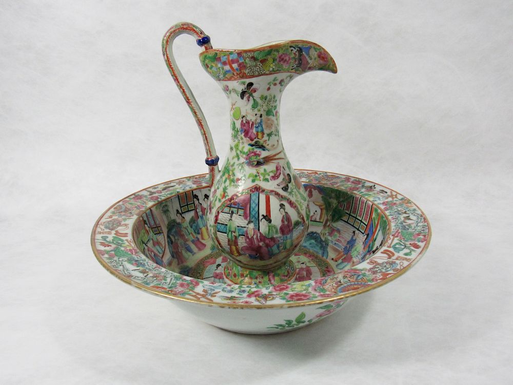 Appraisal: Rose Medallion Wash Basin Pitcher From a New City NY