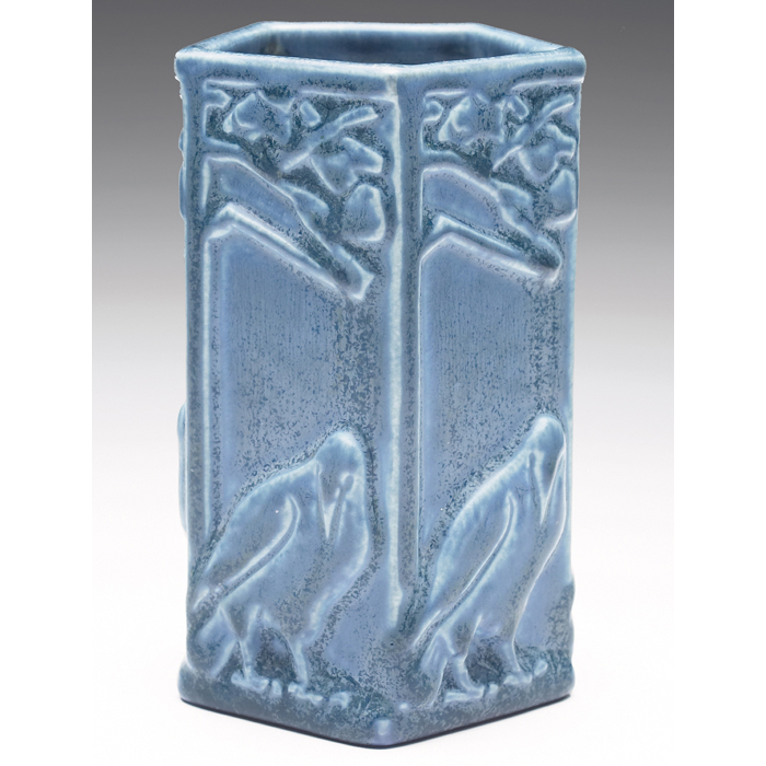 Appraisal: Rookwood vase five-sided form with rooks covered in a blue