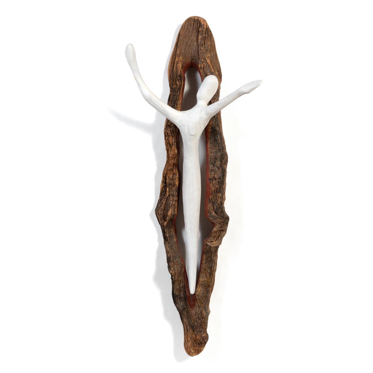 Appraisal: M MURRELL WHITE FIGURE ON DRIFTWOOD SCULPTURE Michael Murrell American