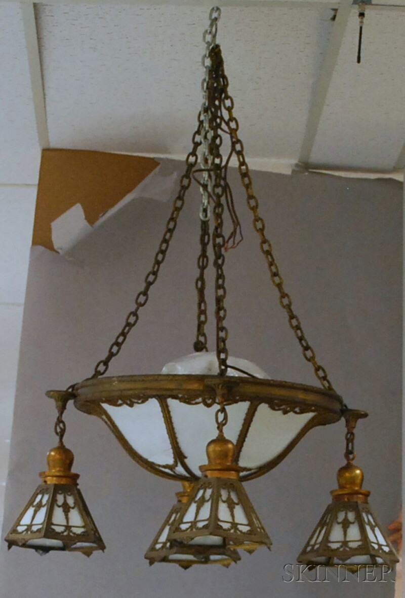 Appraisal: Gilt-metal and Bent Slag Glass Panel Hanging Light with Four