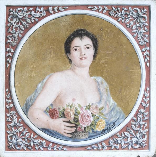 Appraisal: FIGURAL PLAQUE Handpainted on metal depicting a woman holding flowers