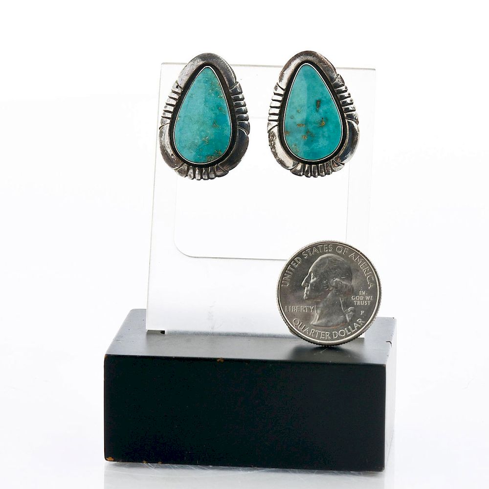 Appraisal: SILVER NATIVE AMERICAN TURQUOISE CLIP ON EARRINGS Earrings are L