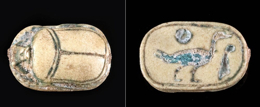 Appraisal: Petite Egyptian Glazed Faience Scarab Amulet w Duck Ancient Egypt