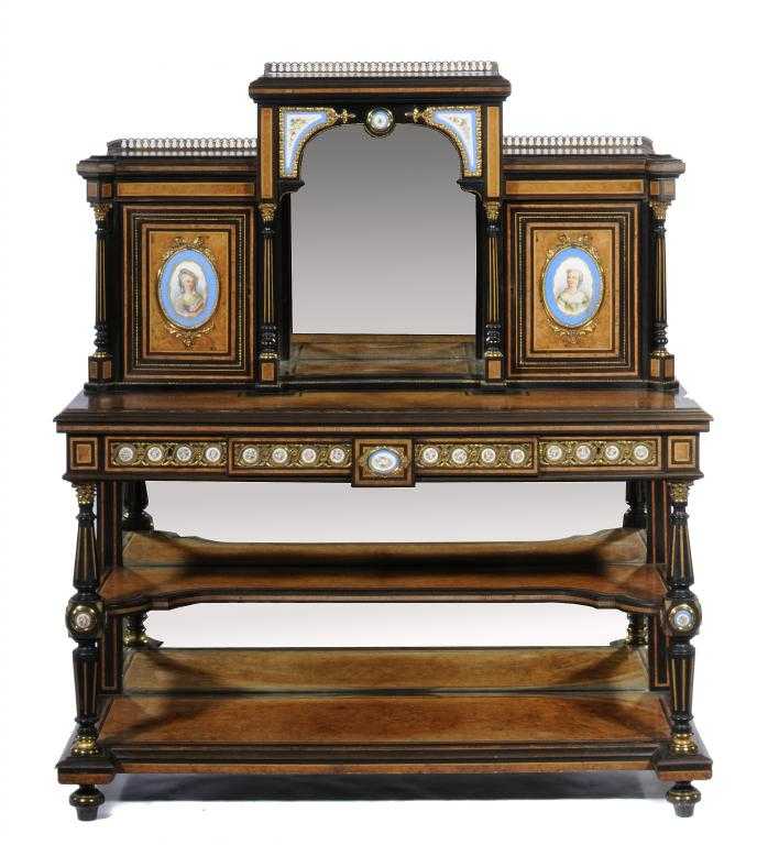 Appraisal: A VICTORIAN ORMOLU-MOUNTED AMBOYNA AND EBONISED BONHEUR DU JOUR crossbanded