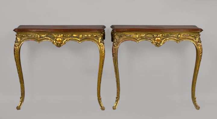 Appraisal: Good Pair of Louis XV-Style Polychromed and Parcel-Gilt Console Tables