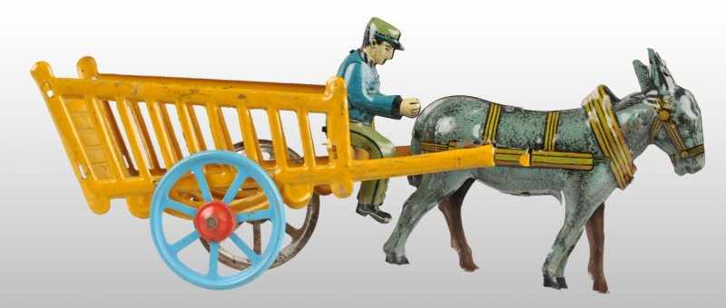 Appraisal: Tin Litho Donkey Horse Cart Nickel-Size Toy Description German Larger