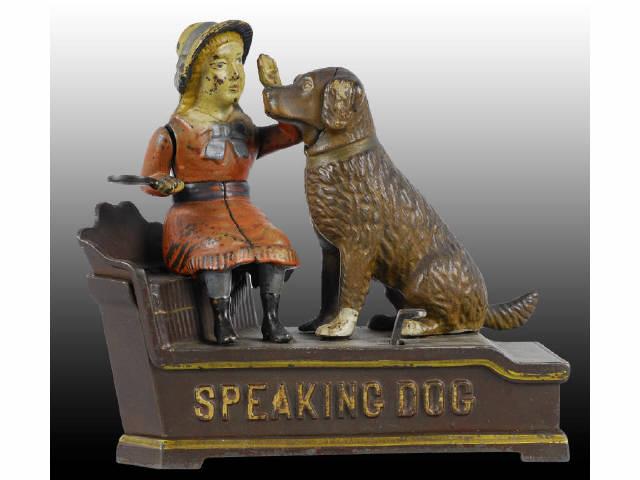 Appraisal: Cast Iron Speaking Dog Mechanical Bank Description Red dress variation