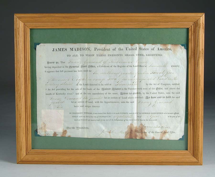 Appraisal: FRAMED EARLY DEED SIGNED BY JAMES MADISON This deed printed