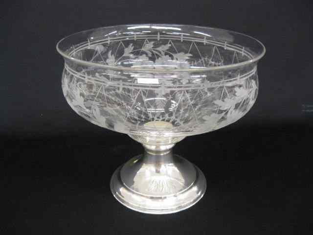 Appraisal: Hawkes Etched Crystal Sterling CenterpieceBowl flower vine pedestal base ''