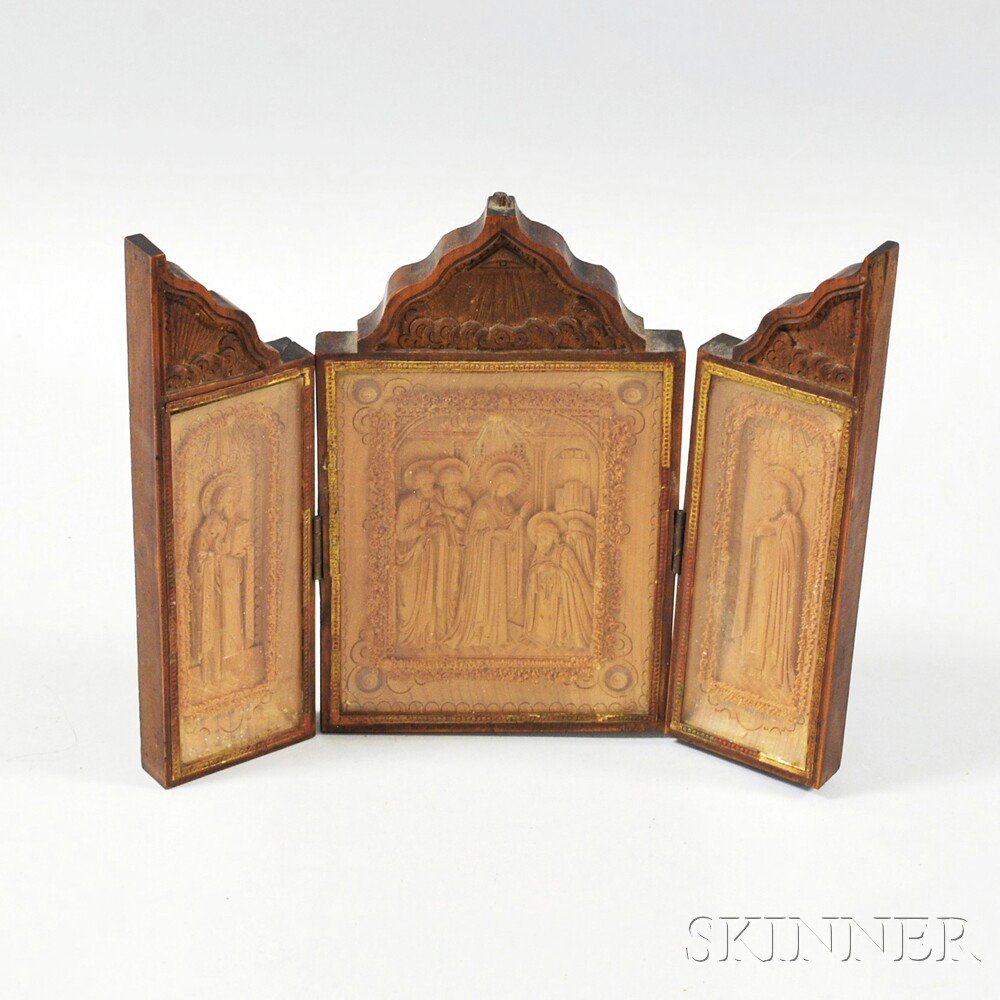 Appraisal: Small Carved Fruitwood Triptych the central panel depicting a scene