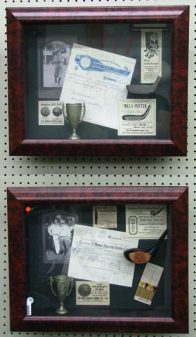 Appraisal: Pair of shadow box framed golf items including advertising receipts