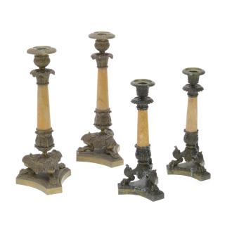 Appraisal: Pr French Empire bronze marble candlesticks Pr French Empire bronze