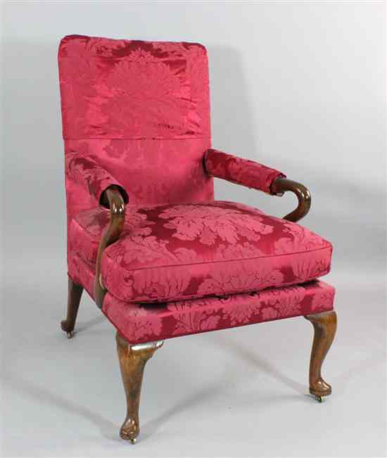 Appraisal: A George I walnut shepherd's crook armchair with later patterned