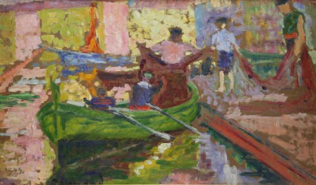 Appraisal: REYMOND Carlos Impressionist Oil on Board ofFisherman Signed and dated