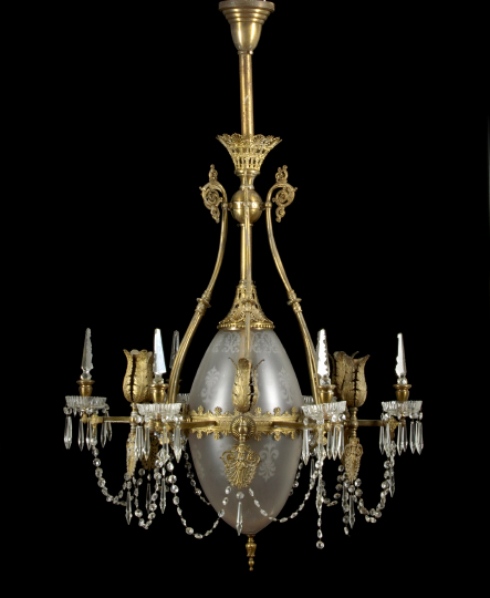 Appraisal: Fine American Late Victorian Gilt-Brass Etched Glass and Prism-Hung Combination