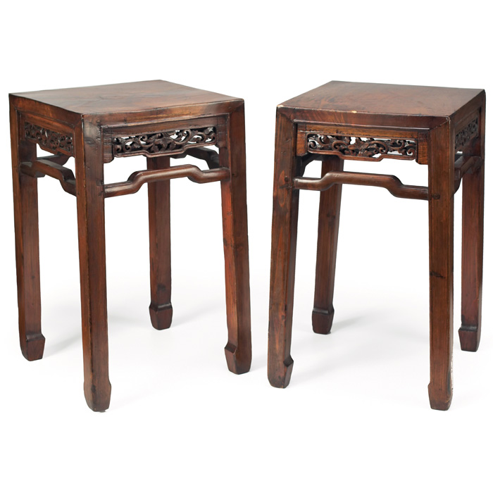 Appraisal: Chinese Export end tables two burled wood with carved designs