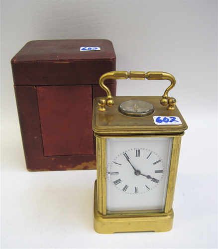 Appraisal: BRASS CARRIAGE CLOCK WITH TRAVEL CASE French late th century