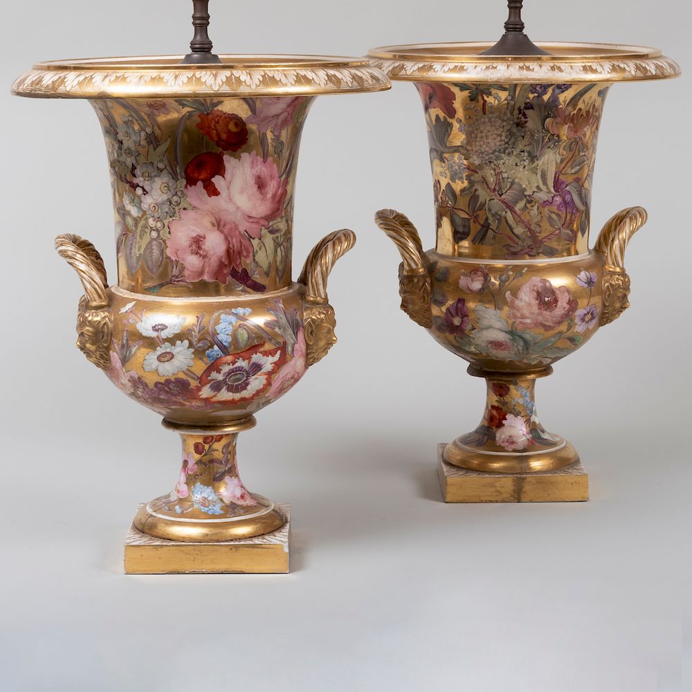 Appraisal: Pair of Derby Style Gold Ground Porcelain Urns Mounted as