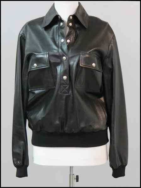 Appraisal: CELINE BLACK LEATHER SNAP CLOSURE BLOUSE With an elasticized waistband