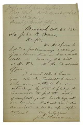 Appraisal: Hand-written letter dateline Brunswick October signed J L Chamberlain Joshua