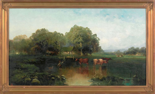 Appraisal: Andrew W Melrose American - oil on canvas bucolic landscape