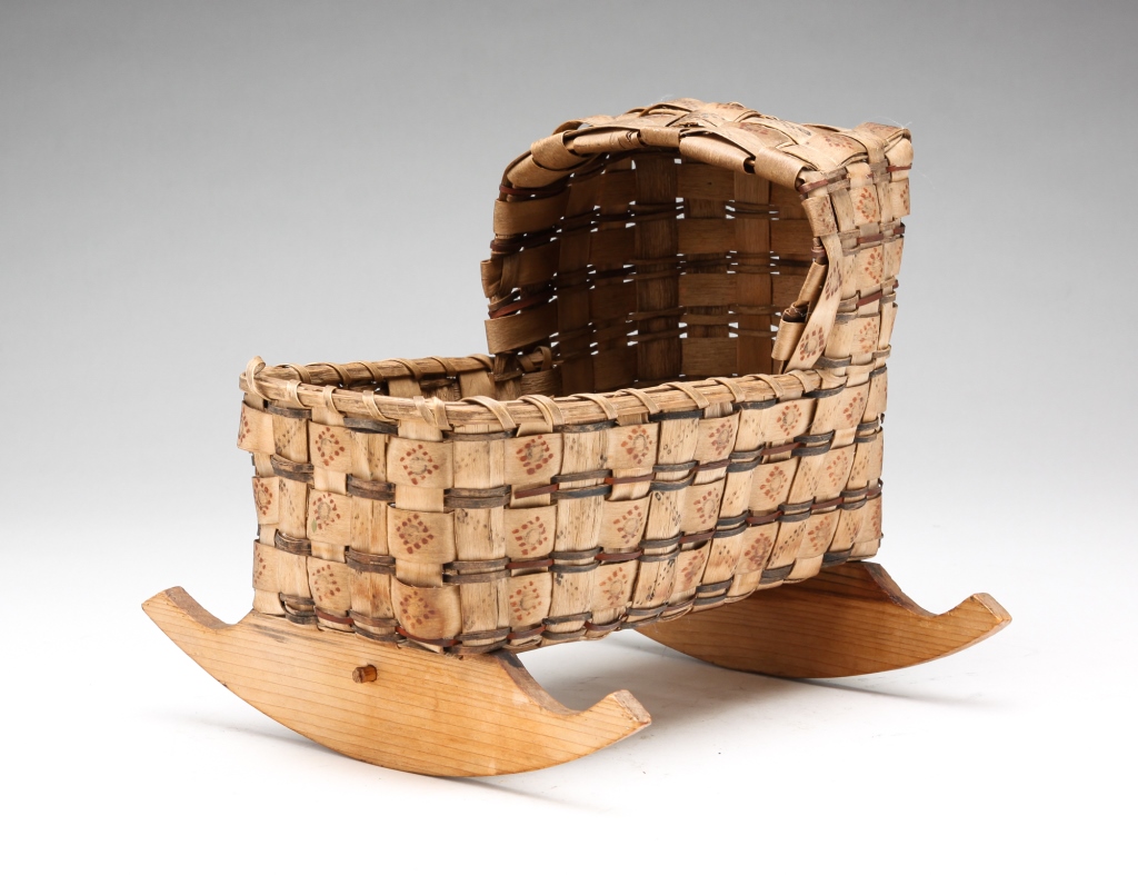 Appraisal: AMERICAN DECORATED BASKETRY DOLL CRADLE Late th-early th century Woven