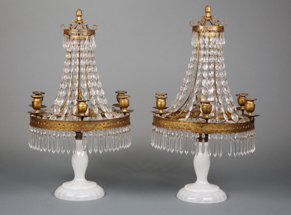 Appraisal: Pair of Neoclassical Bronze Opaline Glass and Cut Crystal Six-Light